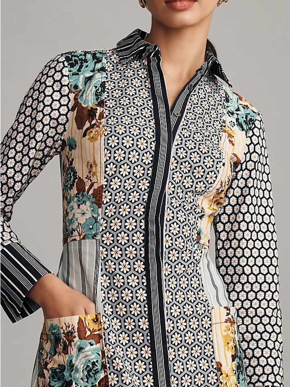 Maeve Black, White and Teal Patchwork Button-Down Dress